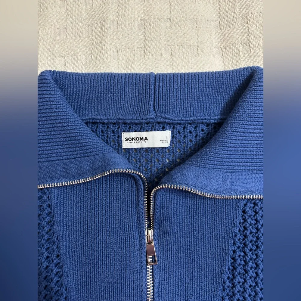 Blue Open Knit 1/4 Zip-Funnel Neck/Polo Collar- sz L Coastal Grandma Resortwear